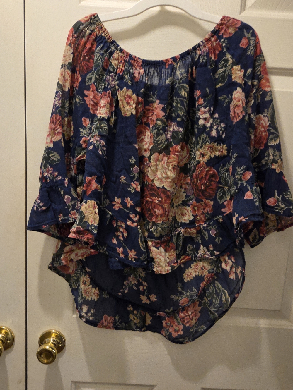 Ralph Lauren Navy Blue Floral Off-Shoulder Peasant Blouse